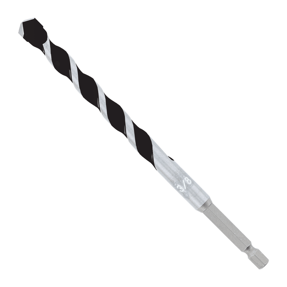 Close-up of the Diablo DMAMM1090, a 3/8 in. x 4 in. x 6 in. carbide-tipped hammer drill bit with a spiral groove pattern and hexagonal shank for secure attachment. Its impact-strong, black and silver design ensures precision and durability across various materials.